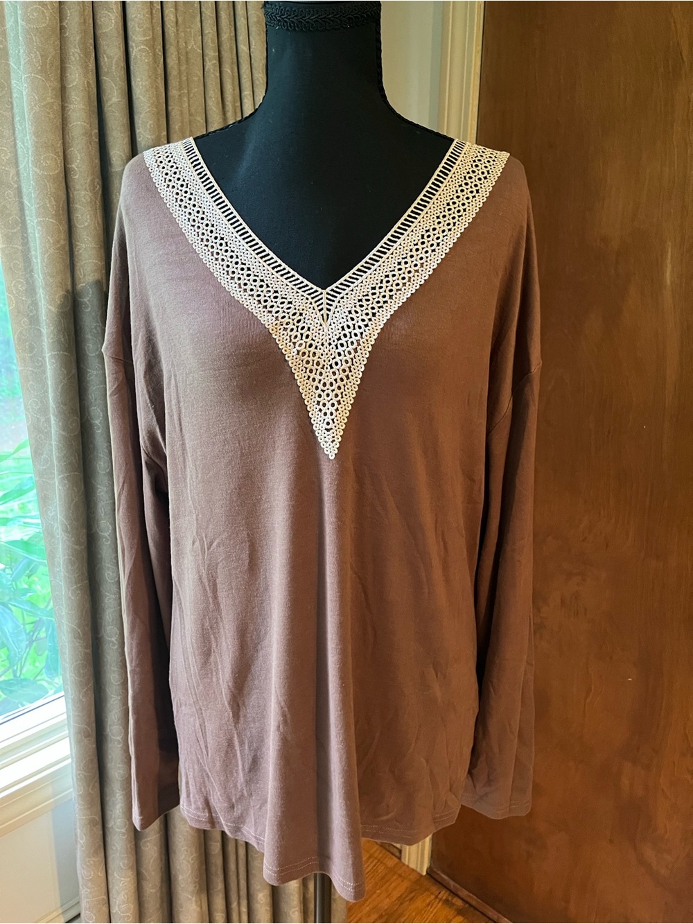 Women's Brown V-Neck Top with Lace Trim